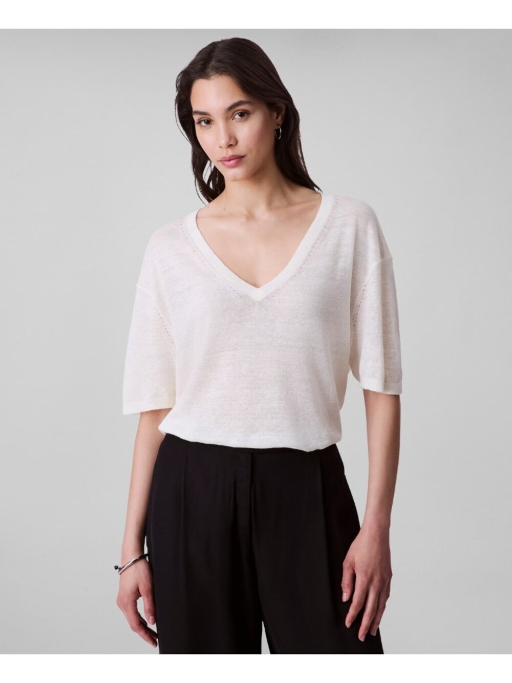 Calvin Klein Women Short Sleeve Lightweight Linen BlendTop Cream Size S $109